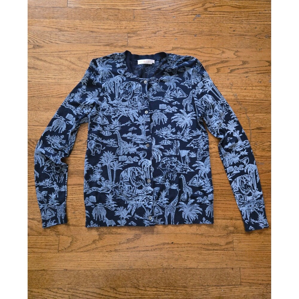 Tory Burch Women's Safari Print Semi Sheer Button Up Cardigan Blue Size Small